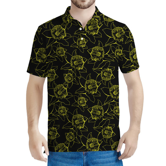 Black And Yellow Daffodil Pattern Print Men's Polo Shirt