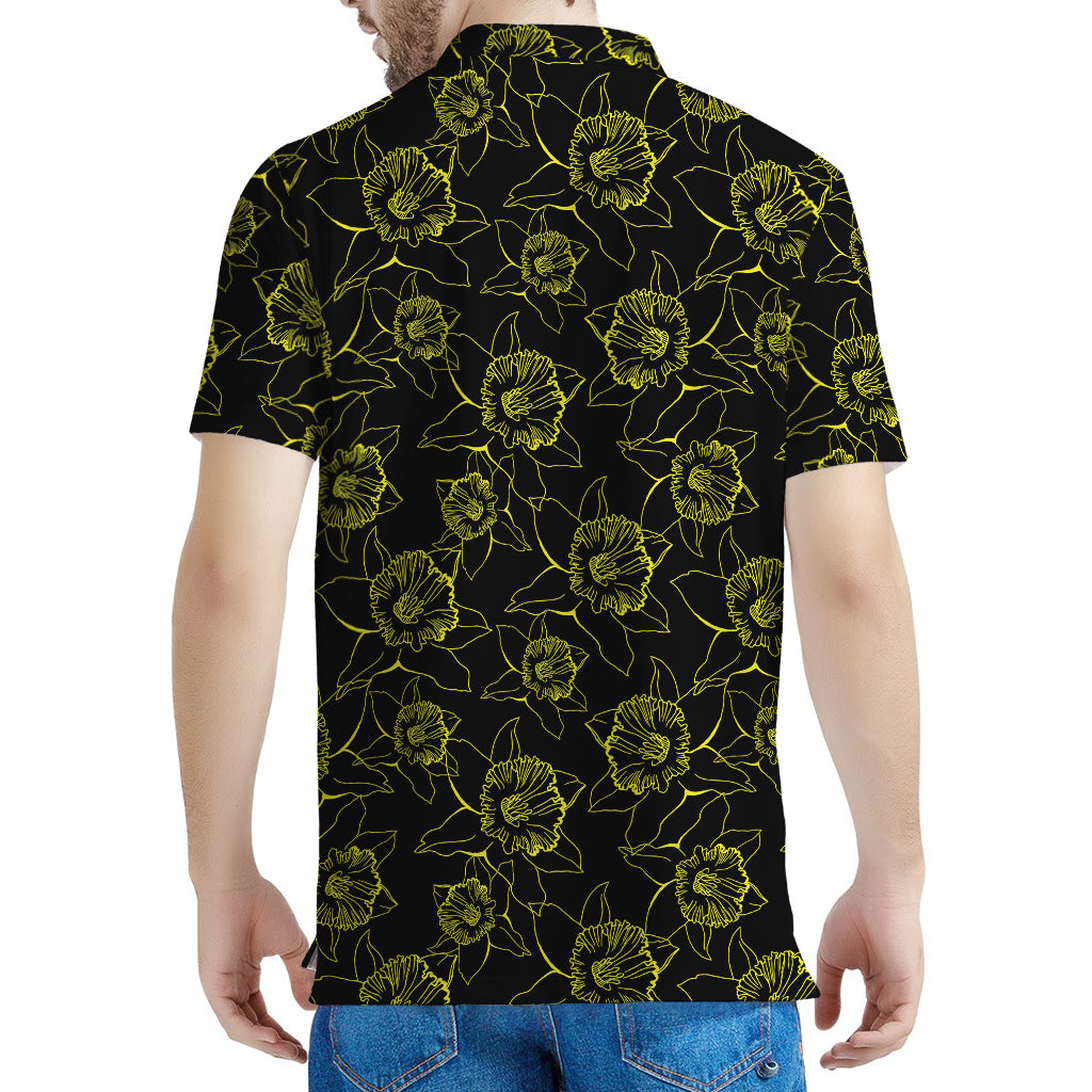 Black And Yellow Daffodil Pattern Print Men's Polo Shirt