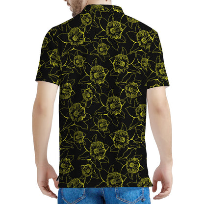 Black And Yellow Daffodil Pattern Print Men's Polo Shirt