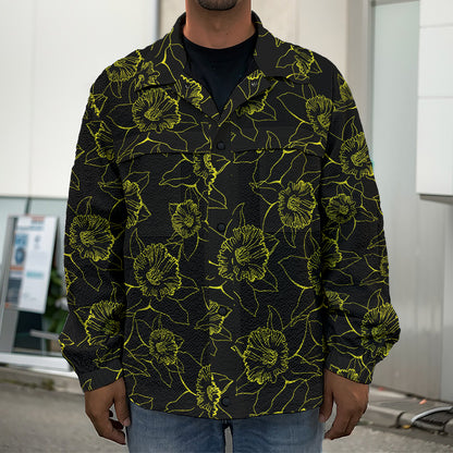 Black And Yellow Daffodil Pattern Print Men's Shirt Jacket