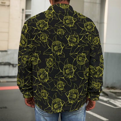 Black And Yellow Daffodil Pattern Print Men's Shirt Jacket