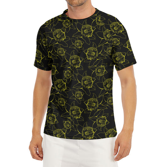 Black And Yellow Daffodil Pattern Print Men's Short Sleeve Rash Guard