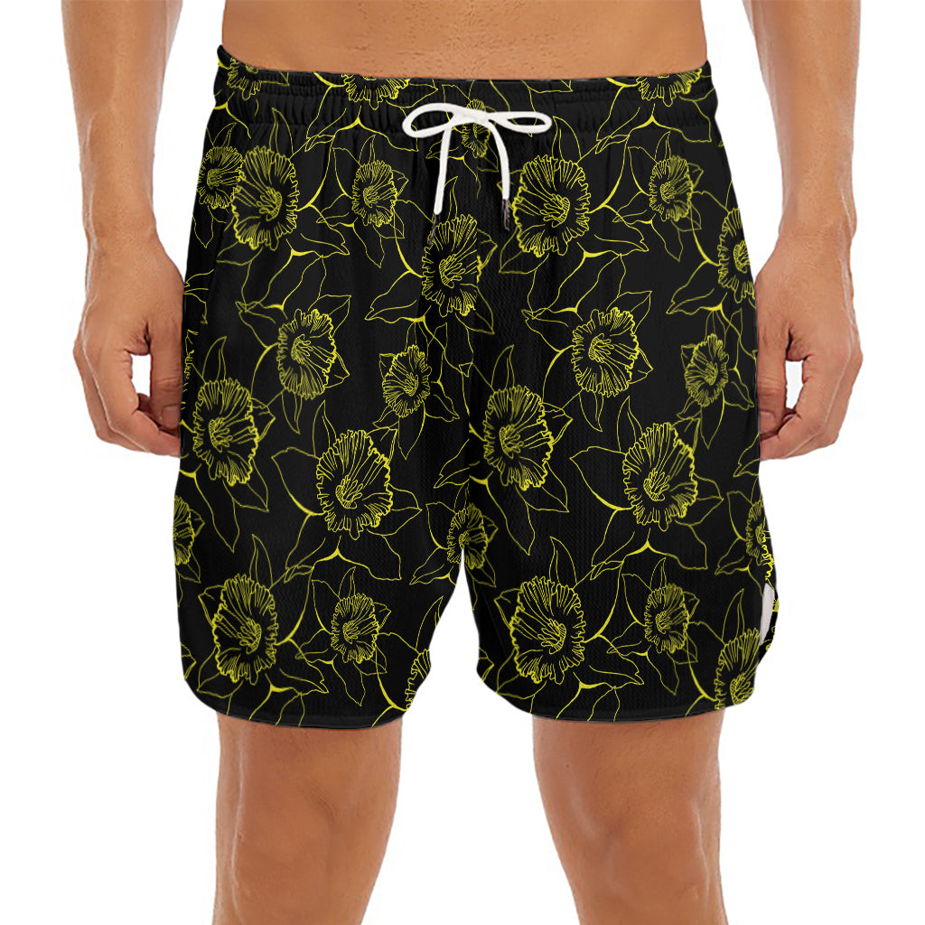 Black And Yellow Daffodil Pattern Print Men's Split Running Shorts