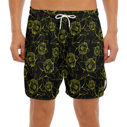 Black And Yellow Daffodil Pattern Print Men's Split Running Shorts