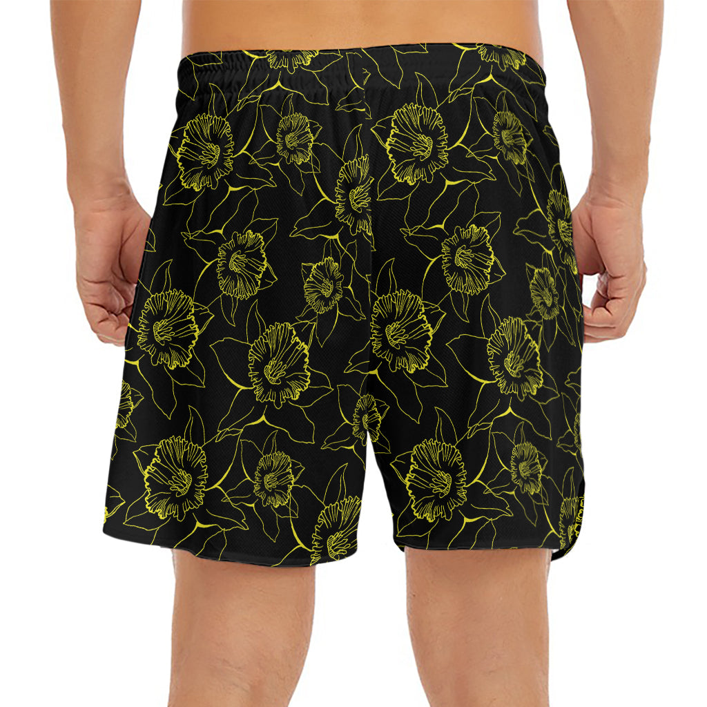 Black And Yellow Daffodil Pattern Print Men's Split Running Shorts