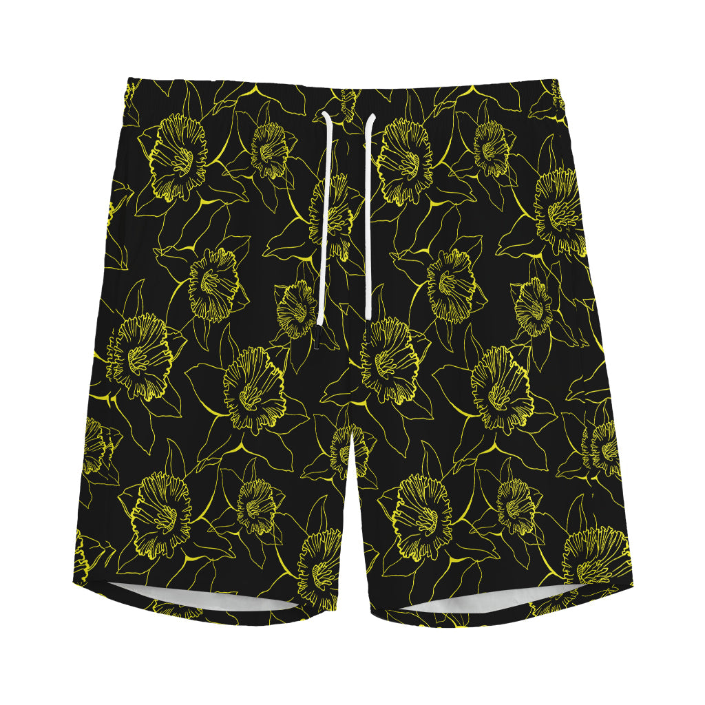 Black And Yellow Daffodil Pattern Print Men's Sports Shorts