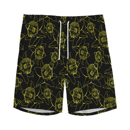 Black And Yellow Daffodil Pattern Print Men's Sports Shorts