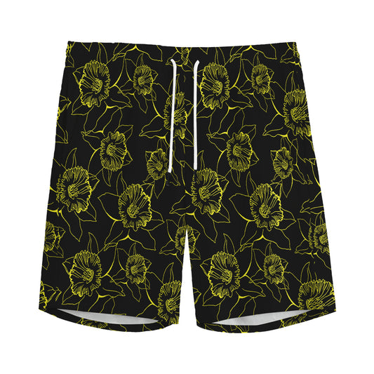 Black And Yellow Daffodil Pattern Print Men's Sports Shorts
