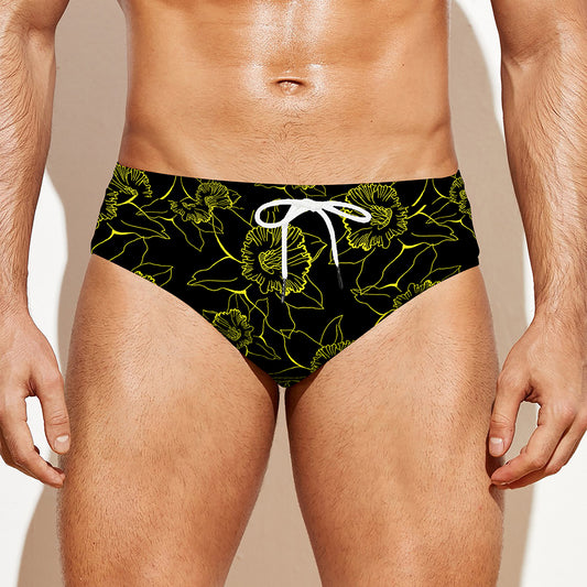 Black And Yellow Daffodil Pattern Print Men's Swim Briefs