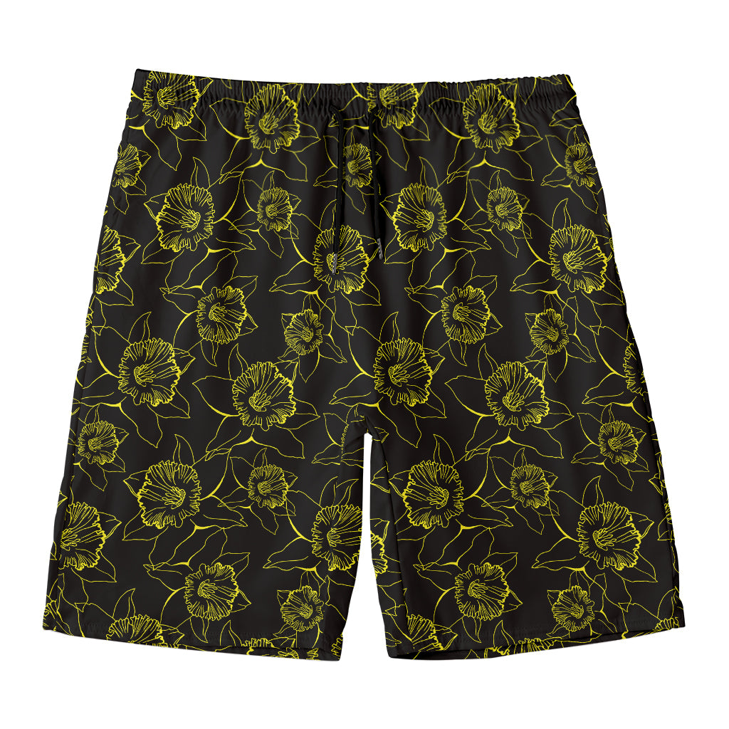 Black And Yellow Daffodil Pattern Print Men's Swim Trunks
