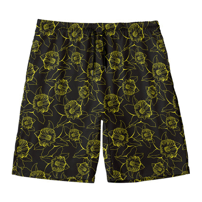 Black And Yellow Daffodil Pattern Print Men's Swim Trunks