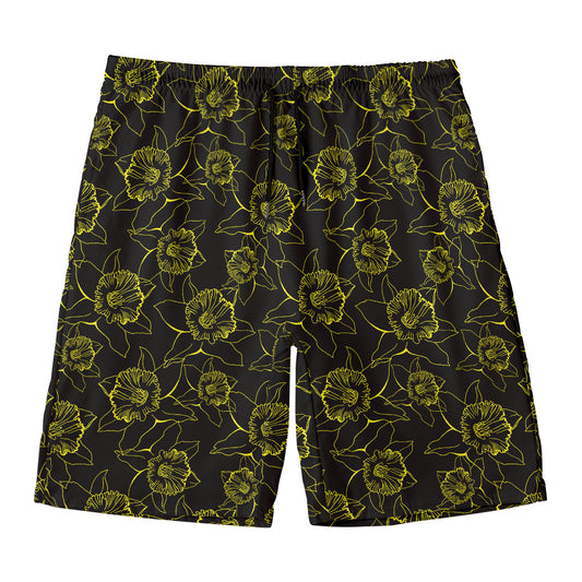Black And Yellow Daffodil Pattern Print Men's Swim Trunks