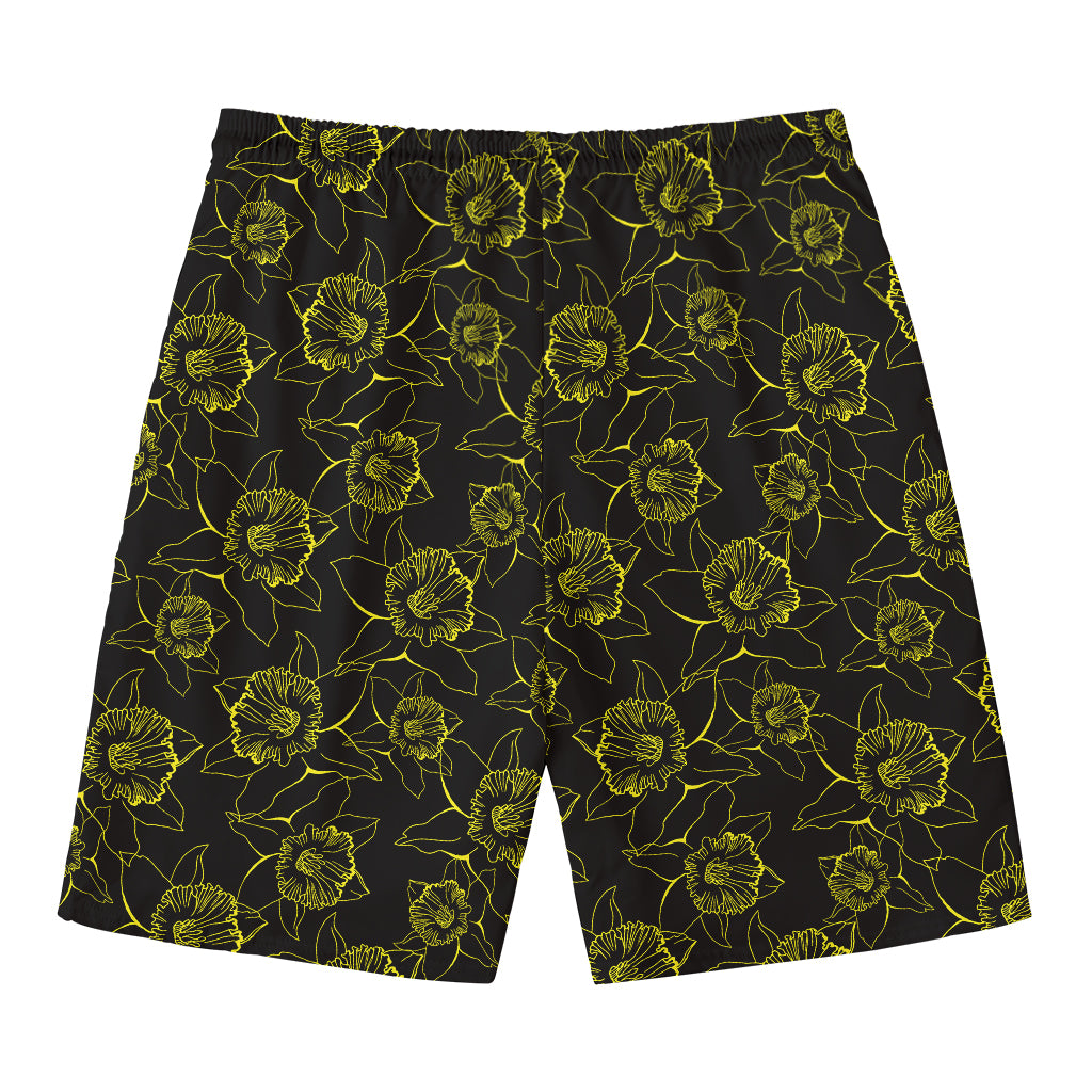 Black And Yellow Daffodil Pattern Print Men's Swim Trunks