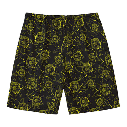 Black And Yellow Daffodil Pattern Print Men's Swim Trunks
