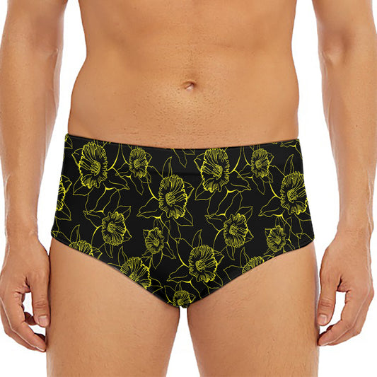 Black And Yellow Daffodil Pattern Print Men's Triangle Swim Briefs