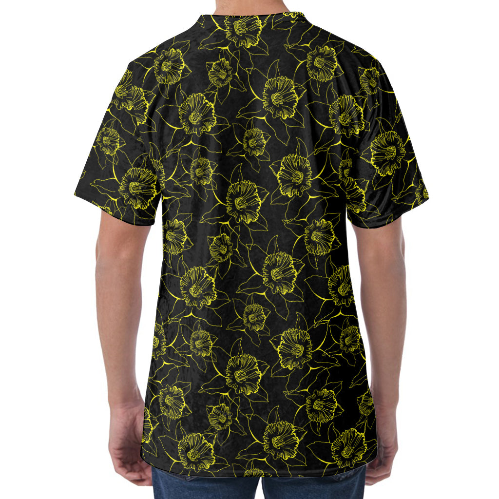 Black And Yellow Daffodil Pattern Print Men's Velvet T-Shirt