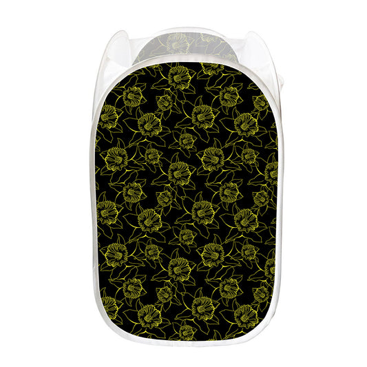 Black And Yellow Daffodil Pattern Print Mesh Laundry Hamper