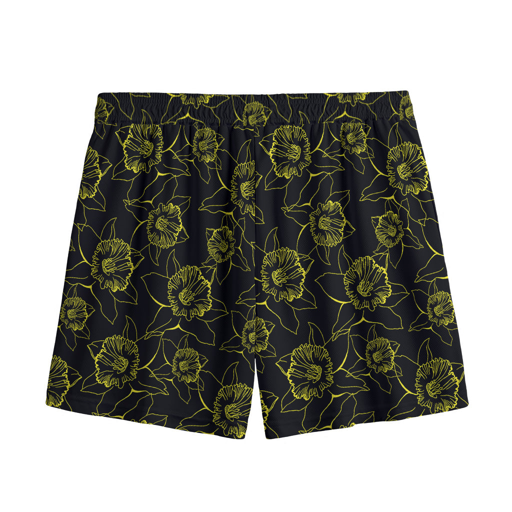 Black And Yellow Daffodil Pattern Print Mesh Shorts