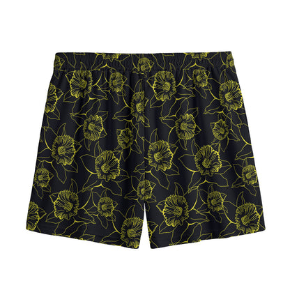 Black And Yellow Daffodil Pattern Print Mesh Shorts