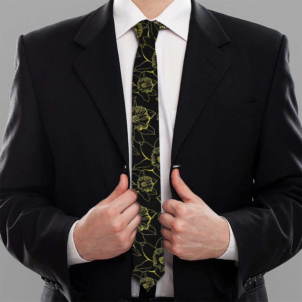 Black And Yellow Daffodil Pattern Print Necktie