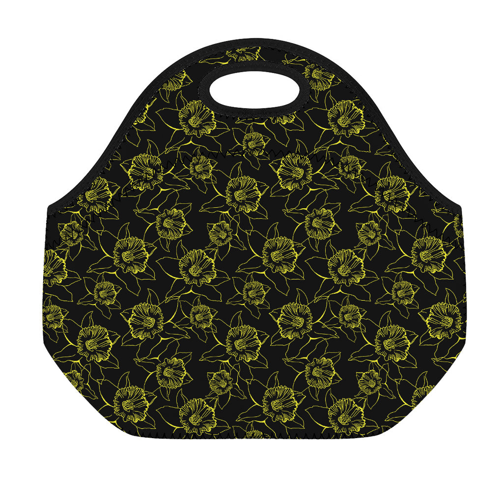 Black And Yellow Daffodil Pattern Print Neoprene Lunch Bag