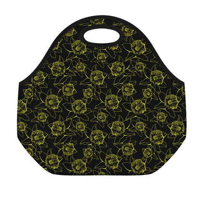 Black And Yellow Daffodil Pattern Print Neoprene Lunch Bag