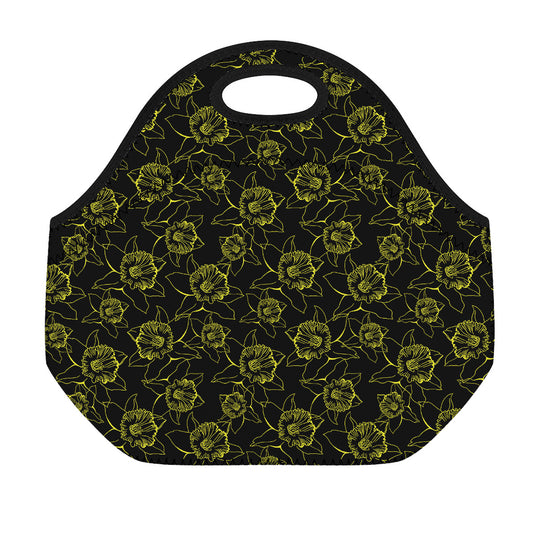 Black And Yellow Daffodil Pattern Print Neoprene Lunch Bag