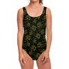 Black And Yellow Daffodil Pattern Print One Piece Swimsuit