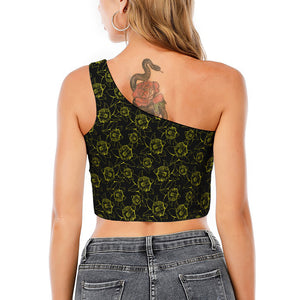 Black And Yellow Daffodil Pattern Print One Shoulder Crop Top