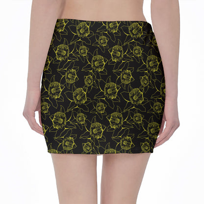 Black And Yellow Daffodil Pattern Print Pencil Mini Skirt