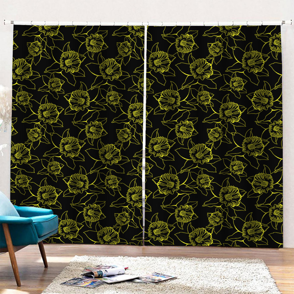 Black And Yellow Daffodil Pattern Print Pencil Pleat Curtains