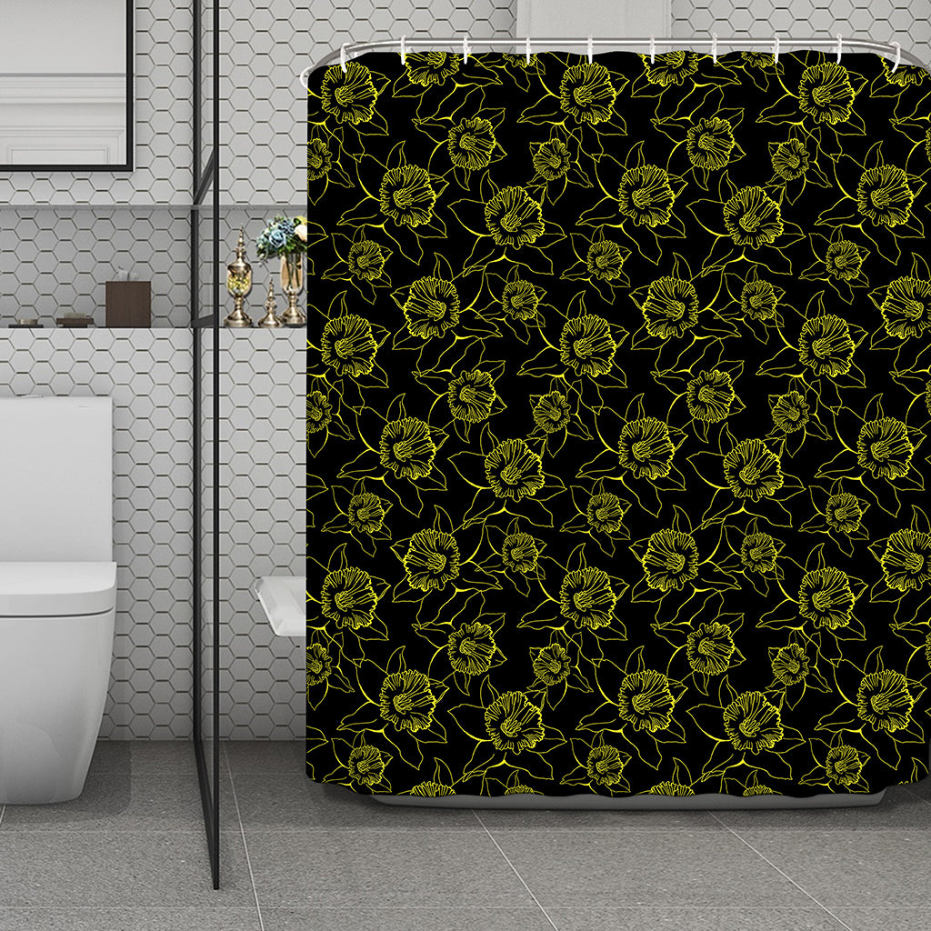 Black And Yellow Daffodil Pattern Print Polyester Shower Curtain