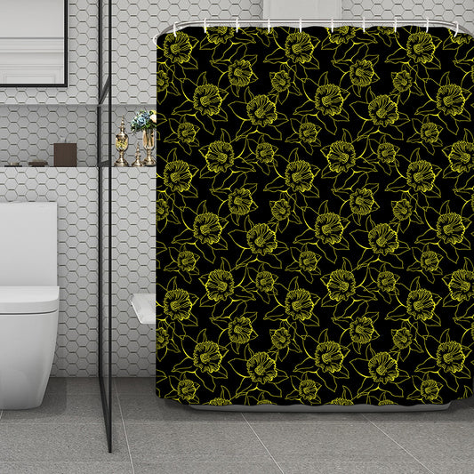Black And Yellow Daffodil Pattern Print Polyester Shower Curtain
