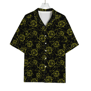 Black And Yellow Daffodil Pattern Print Rayon Hawaiian Shirt