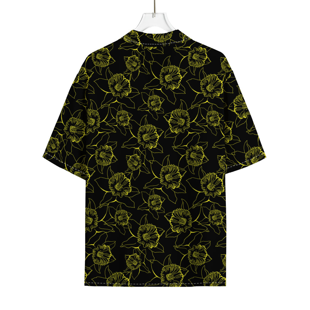 Black And Yellow Daffodil Pattern Print Rayon Hawaiian Shirt