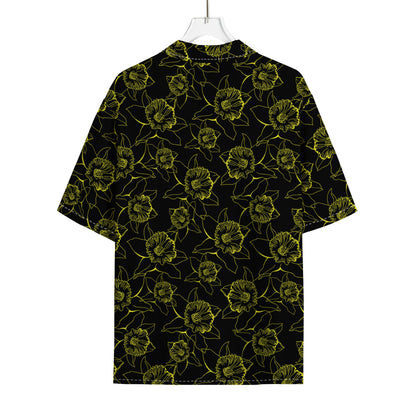 Black And Yellow Daffodil Pattern Print Rayon Hawaiian Shirt