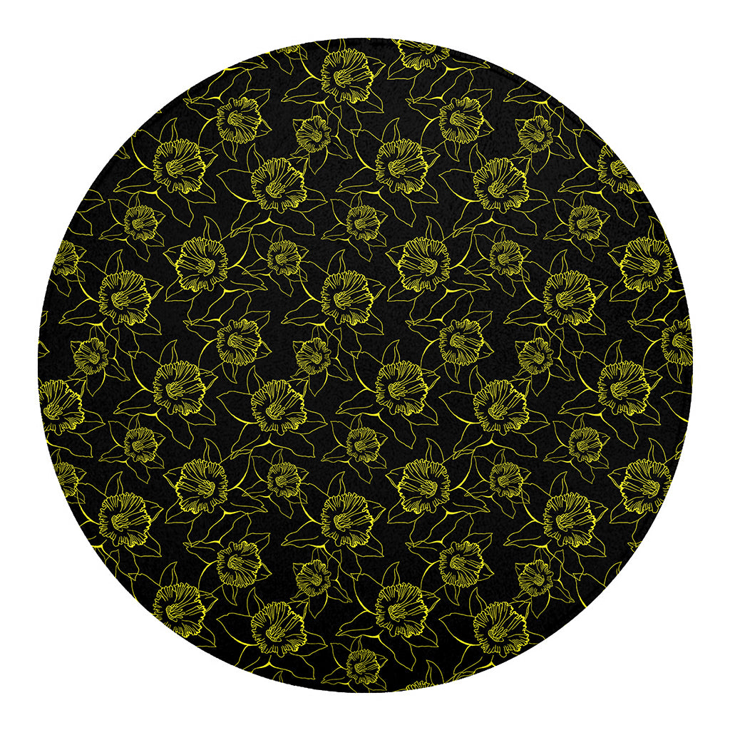 Black And Yellow Daffodil Pattern Print Round Blanket
