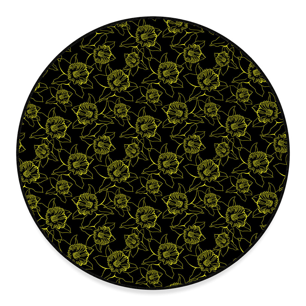 Black And Yellow Daffodil Pattern Print Round Floor Mat