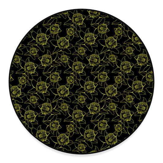 Black And Yellow Daffodil Pattern Print Round Floor Mat