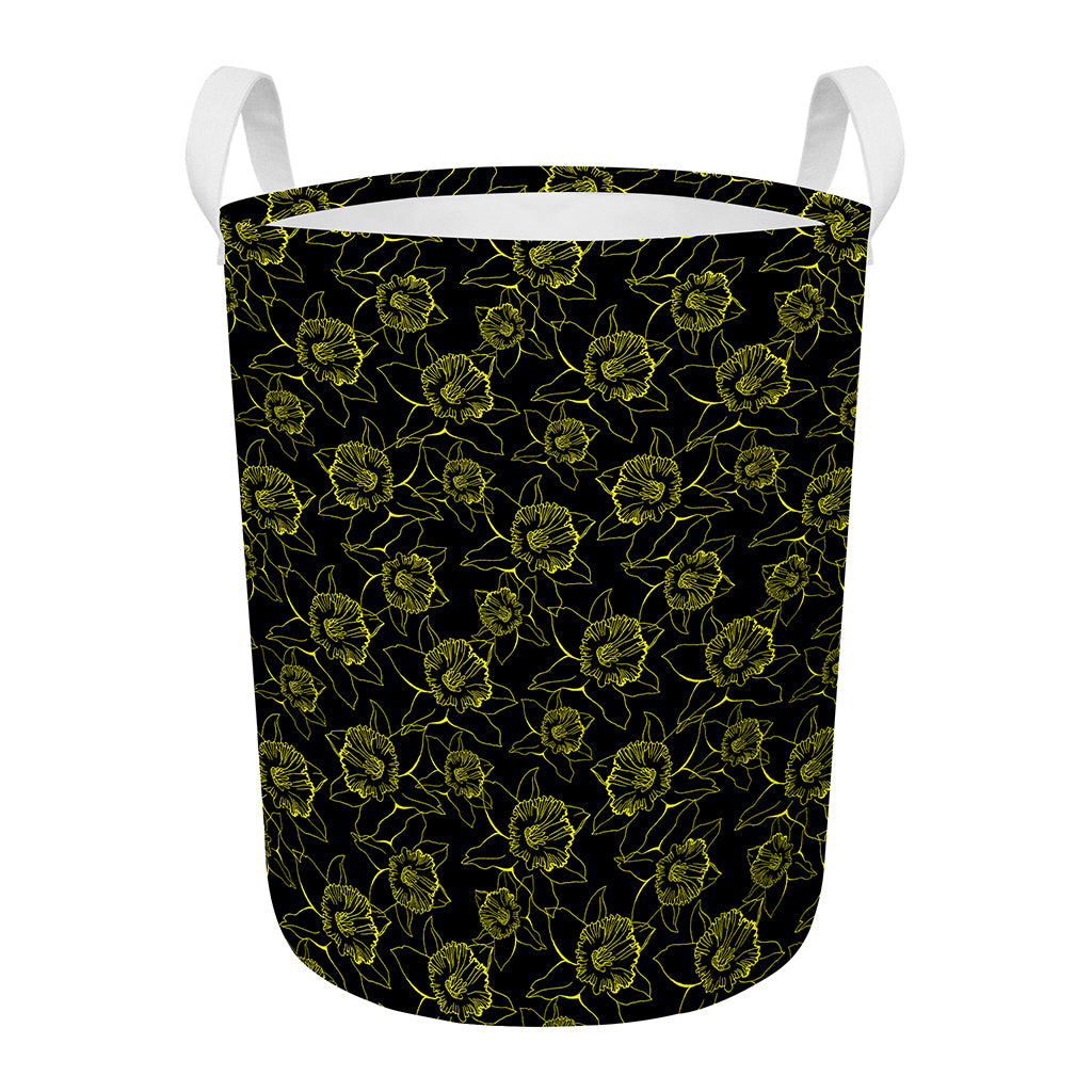 Black And Yellow Daffodil Pattern Print Round Laundry Basket
