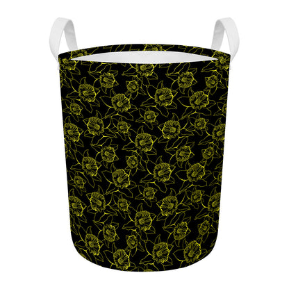 Black And Yellow Daffodil Pattern Print Round Laundry Basket