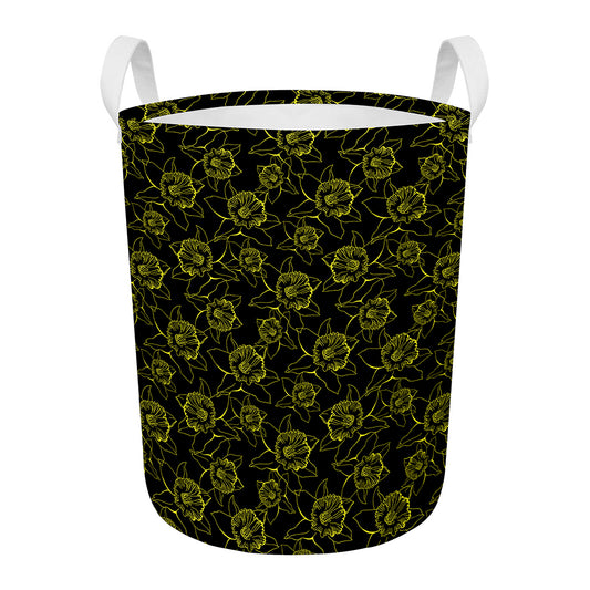 Black And Yellow Daffodil Pattern Print Round Laundry Basket