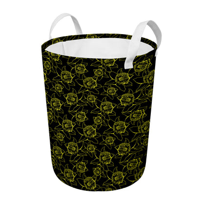 Black And Yellow Daffodil Pattern Print Round Laundry Basket