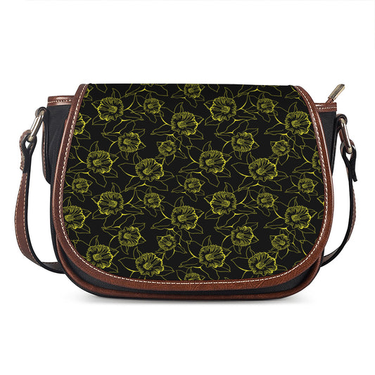 Black And Yellow Daffodil Pattern Print Saddle Bag