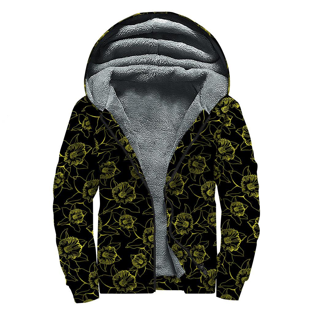 Black And Yellow Daffodil Pattern Print Sherpa Lined Zip Up Hoodie