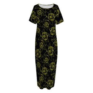 Black And Yellow Daffodil Pattern Print Short Sleeve Long Nightdress