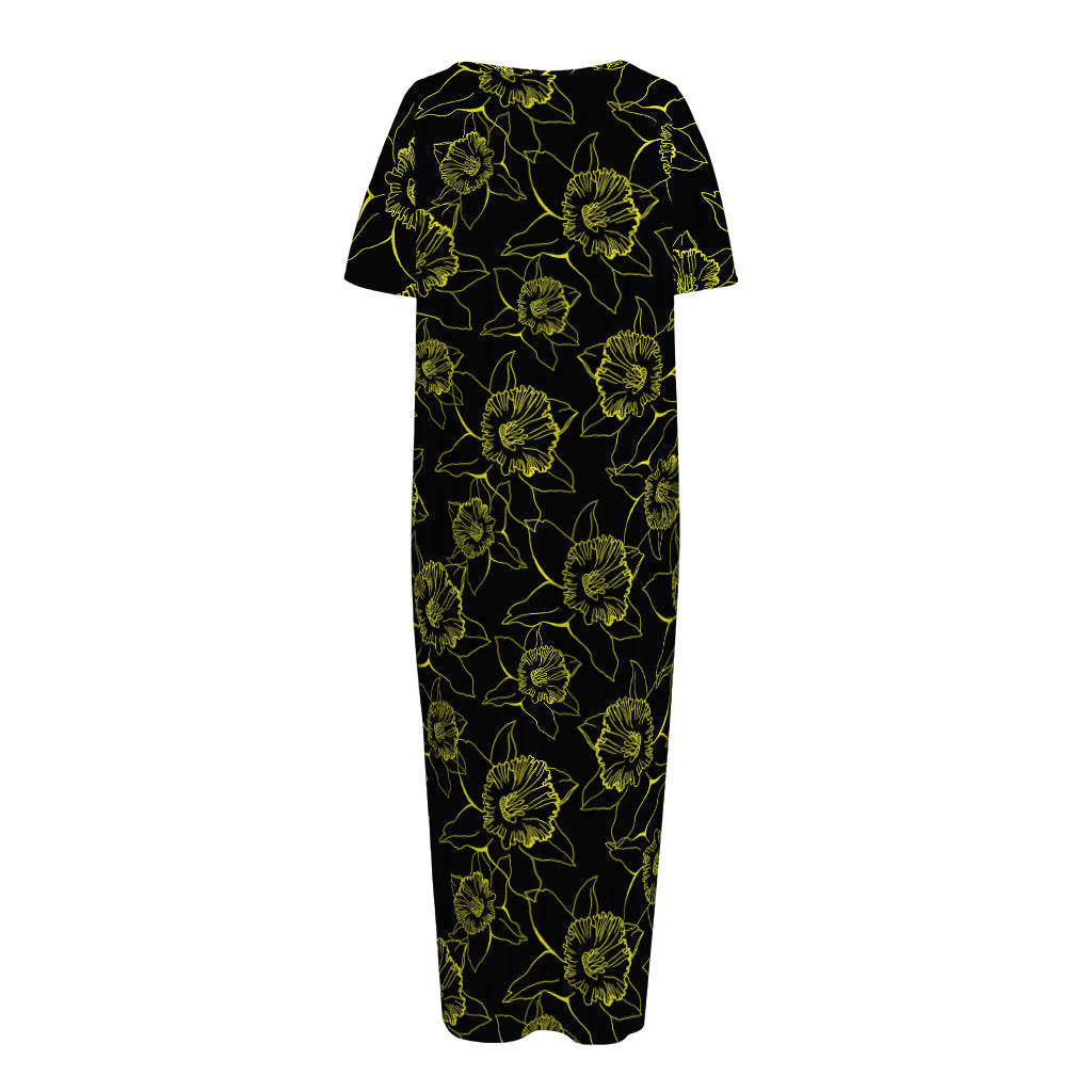 Black And Yellow Daffodil Pattern Print Short Sleeve Long Nightdress