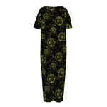 Black And Yellow Daffodil Pattern Print Short Sleeve Long Nightdress