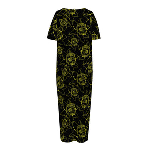 Black And Yellow Daffodil Pattern Print Short Sleeve Long Nightdress