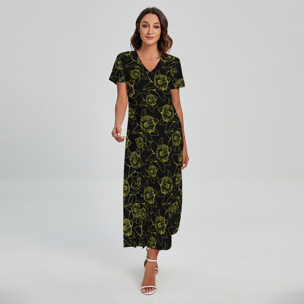 Black And Yellow Daffodil Pattern Print Short Sleeve Maxi Dress